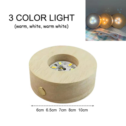 Creative DIY Wooden Luminous Lamp Holder Touch Switch Rechargeable LED Light Display Base Crystal Glass Resin Art Ornament