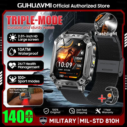 2026 New 1400mAh Large Battery Military Outdoor 2.01 inches Smart watch Men 10ATM Waterproof Bluetooth Call Sports Smart Watch