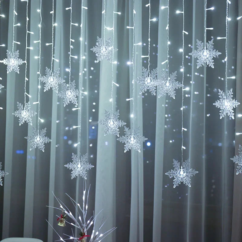 3.2M Christmas Snowflake Curtain String Lights, Indoor Christmas Light, Wedding Home Party New Year LED Xmas Lamps, Eave Decoration