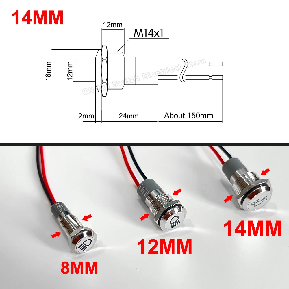 8/12/14MM Waterproof Symbol LED Indicator Light 12V 24V Silver Metal Indicator Turn Signal Pilot Light with Wire Car Dashboard