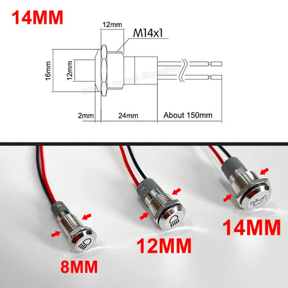 8/12/14MM Waterproof Symbol LED Indicator Light 12V 24V Silver Metal Indicator Turn Signal Pilot Light with Wire Car Dashboard