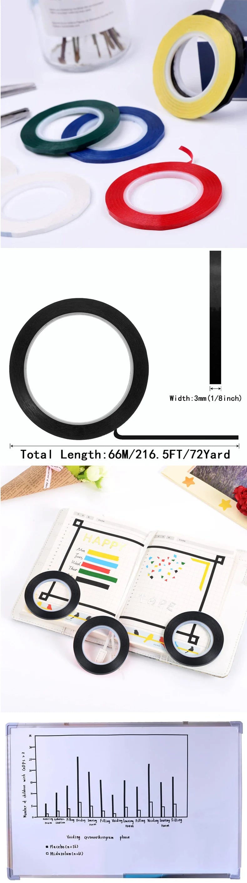 6 Rolls 216.5 Feet Whiteboard Tape Thin White Board Marking Tape Lines Pinstripe Dry Erase Art Tape Graphic Chart Grid 1/8 Inch