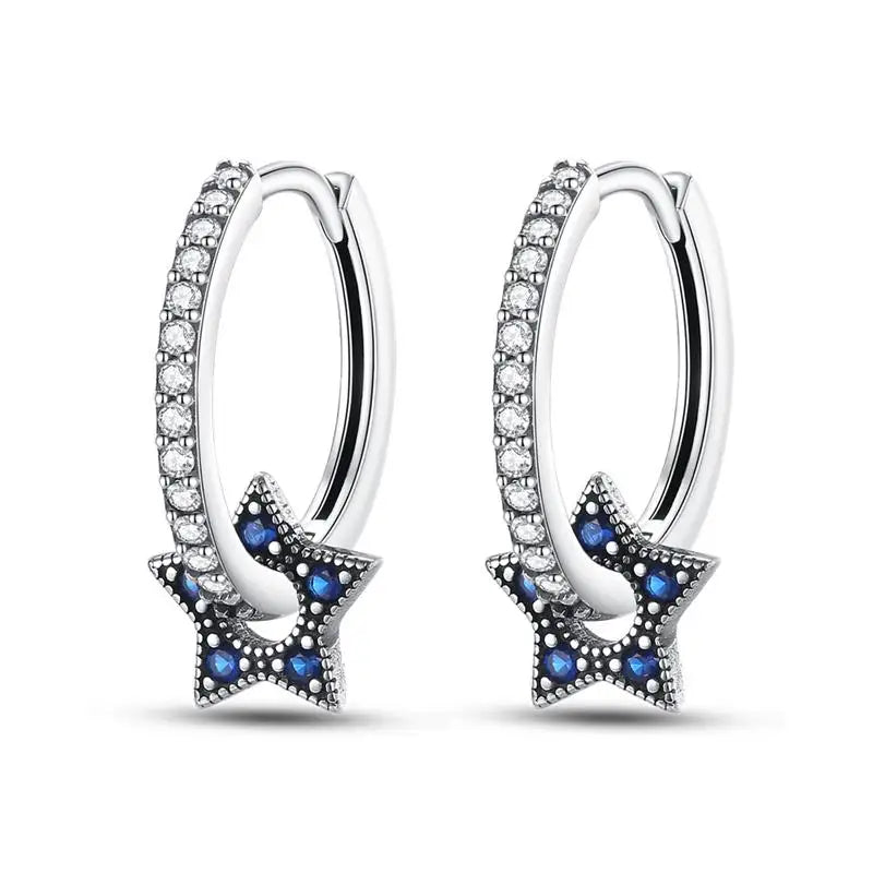 925 Sterling Silver Moon Universe Starry Sky Series Charm Earrings Women Blue Shiny Zircon Daily Wear Jewelry