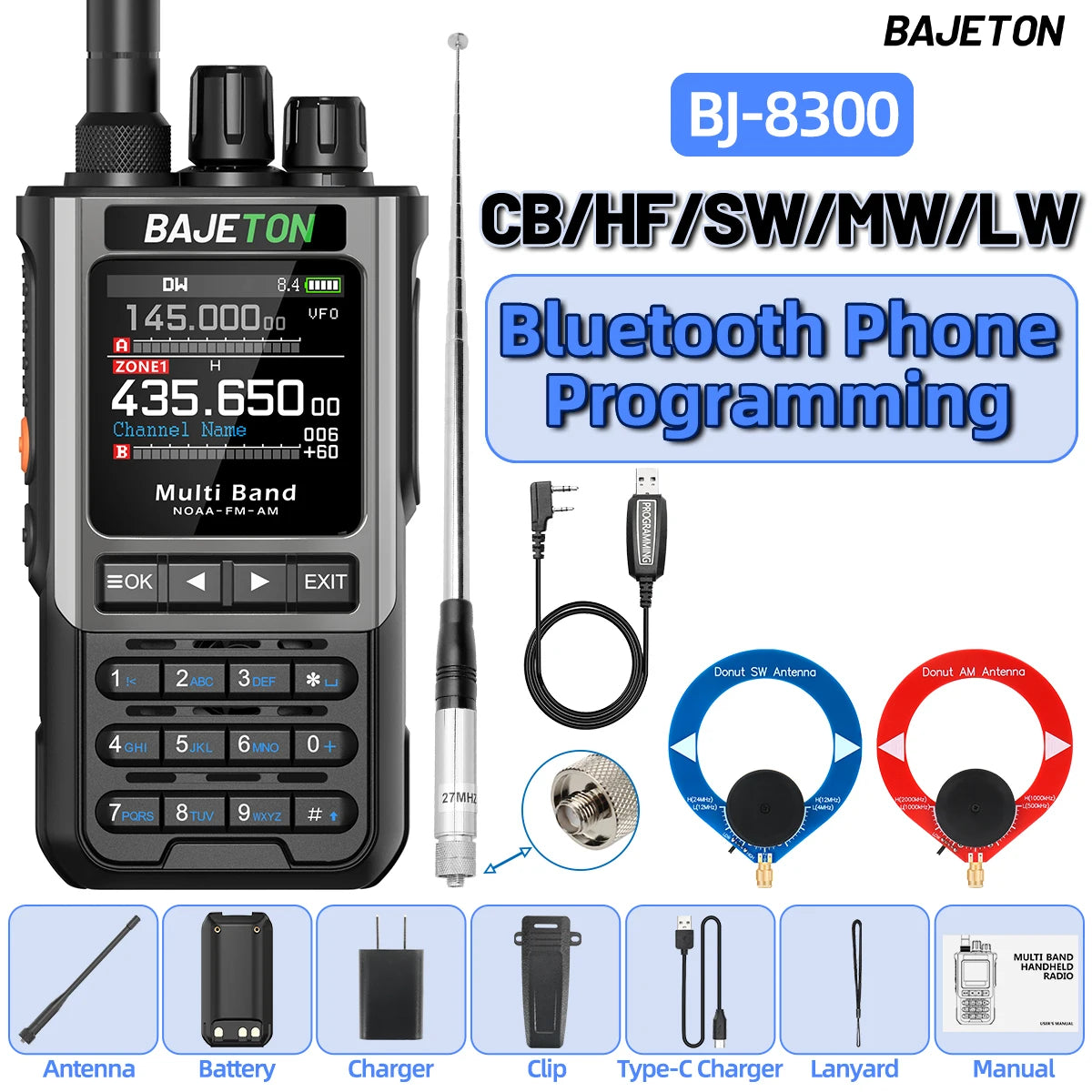 BAJETON BJ-8300 Walkie Talkie 10W Tri Power SW MW LW AM SSB CB Receive Wireless Bluetooth Phone Programming NOAA Two Way Radio