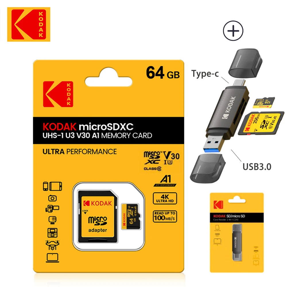 KODAK 100% Original Micro sd Card 32GB 64GB 128GB 256GB Microsd Memory Card Class10 SDXC U3 4K TF Card for Drone Phone
