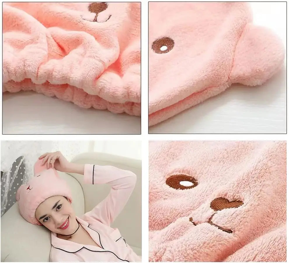 Dry Hair Cap for Women - Soft Absorbent Lightweight, Quick-Drying Thick Microfiber, Cute Bear Embroidery, Shower Head Towel