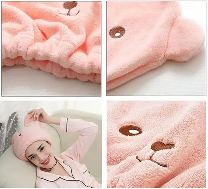 Dry Hair Cap for Women - Soft Absorbent Lightweight, Quick-Drying Thick Microfiber, Cute Bear Embroidery, Shower Head Towel