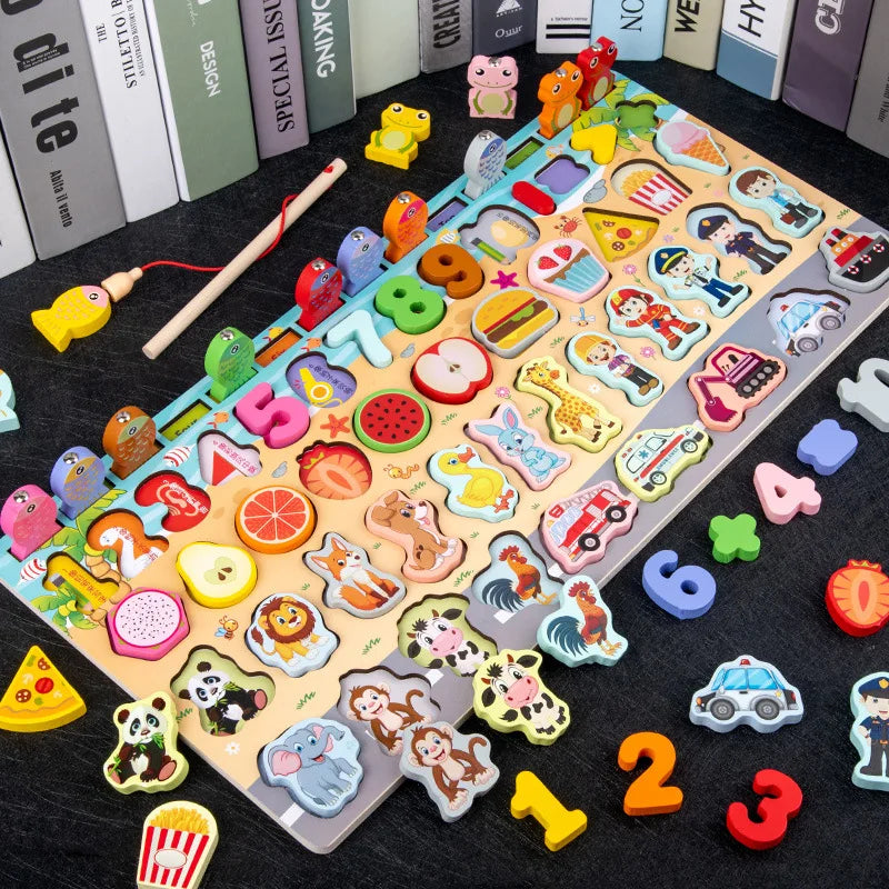 Juguetes Montessori de madera para niños, tablero ocupado, animales, matemáticas, pesca, números a juego, forma digital, juguetes educativos para niños, regalos