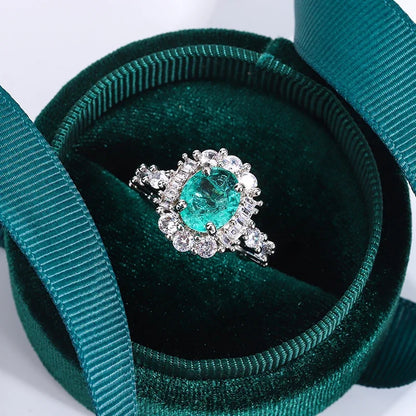 Exquisite Paraiba Green High Carbon Diamond 925 Silver Plated Ring for Women Double Crystal Anniversary Gift Party Jewelry