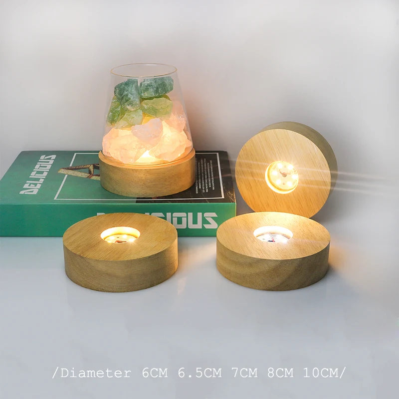Creative DIY Wooden Luminous Lamp Holder Touch Switch Rechargeable LED Light Display Base Crystal Glass Resin Art Ornament