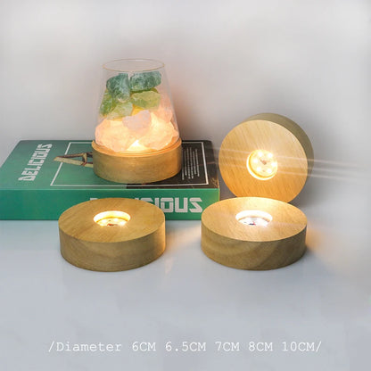 Creative DIY Wooden Luminous Lamp Holder Touch Switch Rechargeable LED Light Display Base Crystal Glass Resin Art Ornament