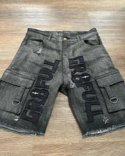 American Vintage Popular New Pattern Embroidery Baggy Denim Shorts Men Street Fashion Gothic Casual Joker Shorts Women Clothing