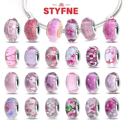 925 Sterling Silver Pink Color Series Beads Heart Flower Murano Glass DIY Jewelry Charms Fit Original Bracelet for Women Fine Gifts