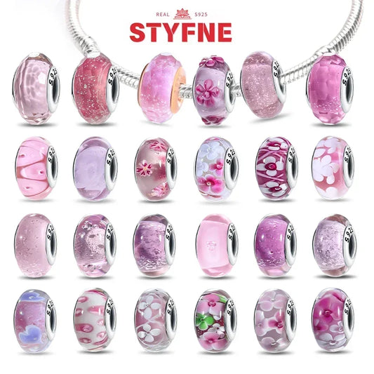 925 Sterling Silver Pink Color Series Beads Heart Flower Murano Glass DIY Jewelry Charms Fit Original Bracelet for Women Fine Gifts
