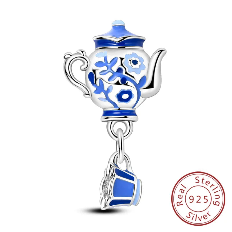 Dijes de plata de ley 925 originales, abalorios de cristal de vino, taza de café, dije colgante para pulseras de mujer, joyería DIY, regalo