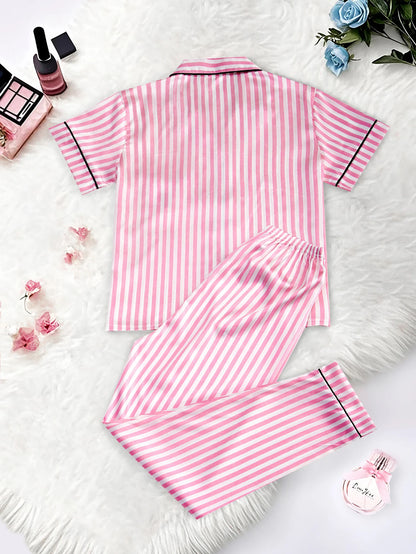 Classic Striped Print And Pocket Letter Short-Sleeve Long Pants Pajama Set, Satin Sleepwear with Lapel Collar and Button Detail