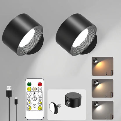 LED Wall Lights with Remote, Rechargeable Wall Mounted Reading Sconces Lamp 2000mAh, 3 Colors & Dimmable Magnetic 360° Rotation