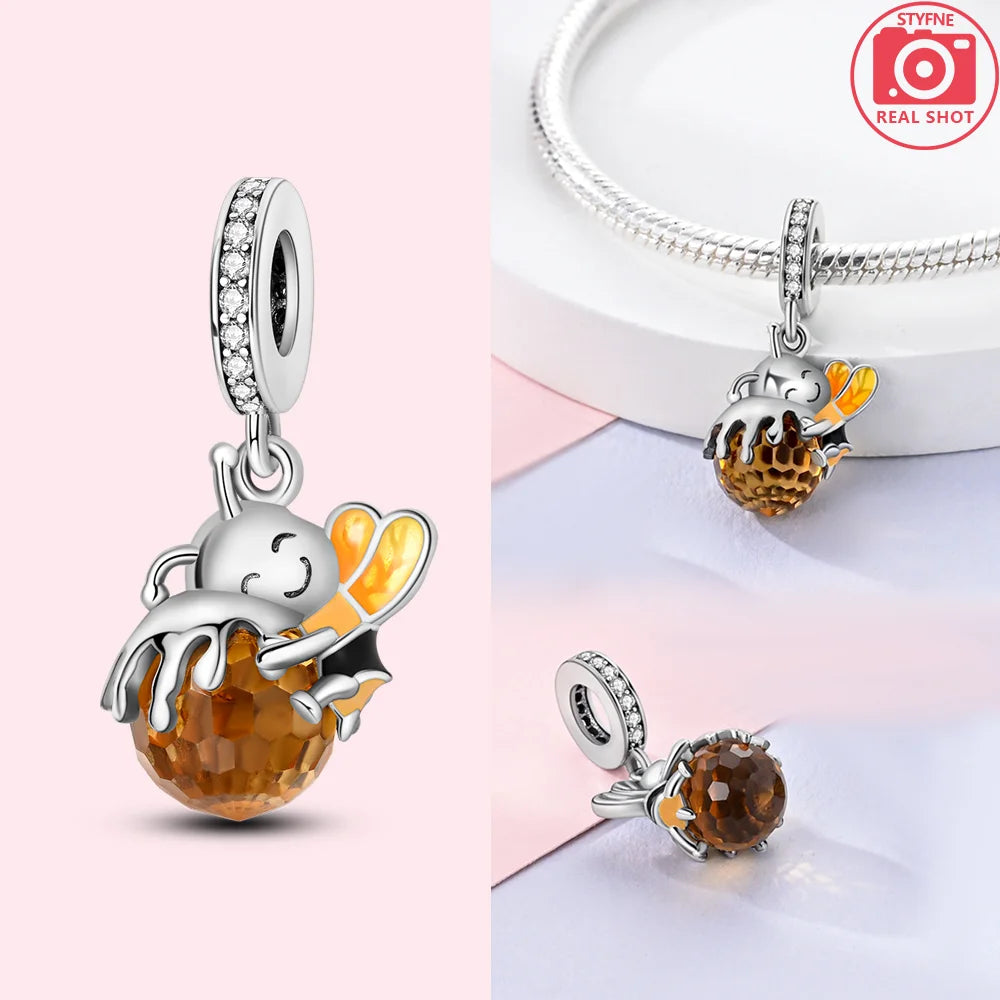 Charms 925 Silver Blue Original Stars Heart Zircon Chameleon Panda Glass Beads Fit Bracelet Jewelry Women Diy Accessories