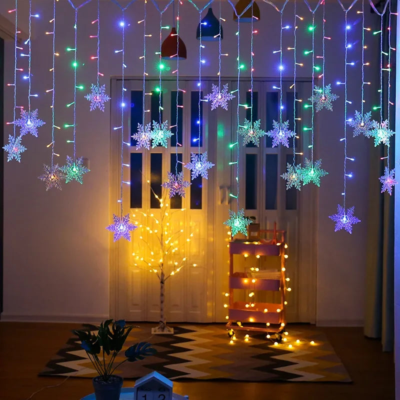3.2M Christmas Snowflake Curtain String Lights, Indoor Christmas Light, Wedding Home Party New Year LED Xmas Lamps, Eave Decoration