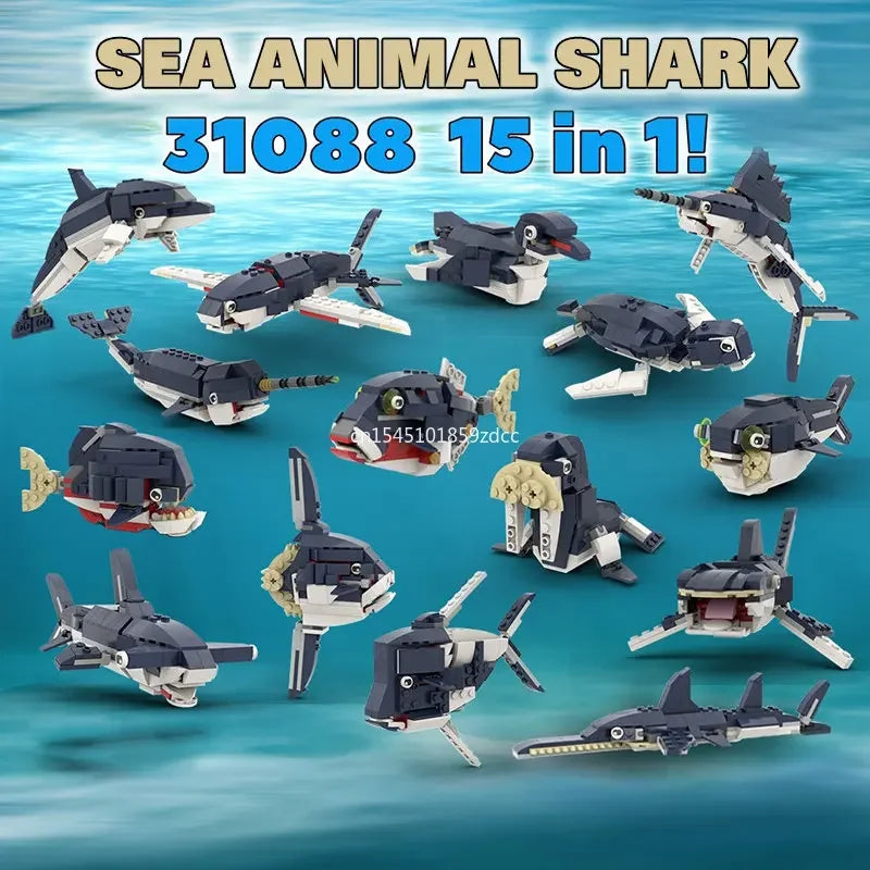 MOC Marine Animals Shark Whale Megalodon Building Blocks Set Deep Sea Rescue Fish Bricks Educational Assembly Model Toys Gifts