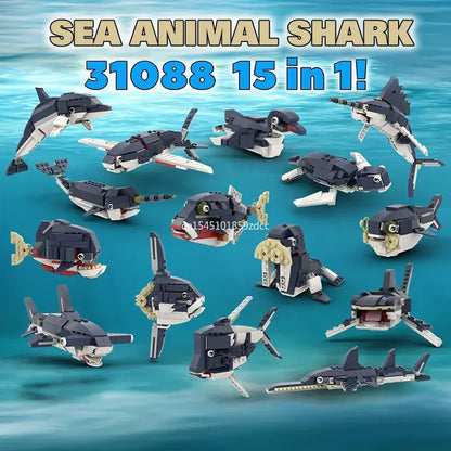 MOC Marine Animals Shark Whale Megalodon Building Blocks Set Deep Sea Rescue Fish Bricks Educational Assembly Model Toys Gifts