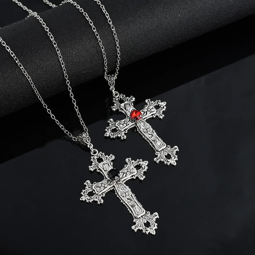 Y2K Punk Crystal Big Cross Pendant Necklaces for Women Men, Gothic Irregular Cross Clavicle Chain Necklaces, Aesthetic Jewelry