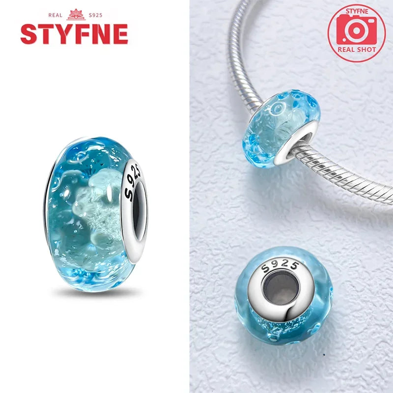 925 Sterling Silver Blue Series Crystal Enamel Murano Charm Bead Fits Original Bracelet for Women DIY Fine Jewelry Gifts