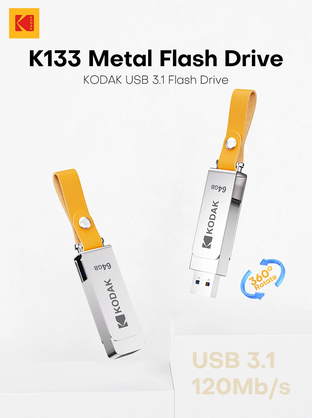 Kodak K133 USB 3.1 Flash Drive 64GB 128GB 256GB 512GB Read Speed 120MB/s Metal Body Leather Band USB3.1 Pen Drive for PC & HD-TV
