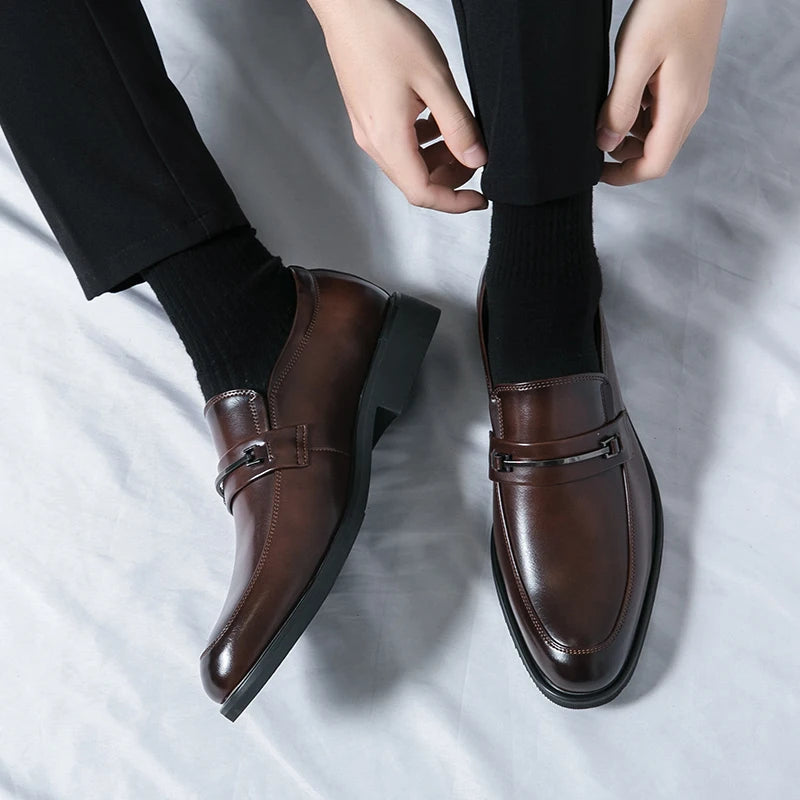 Men's Formal Leather Shoes Classic Style Slip-On Loafers Round Toe Breathable Non-Slip Business Dress Wedding Office Casual Shoes