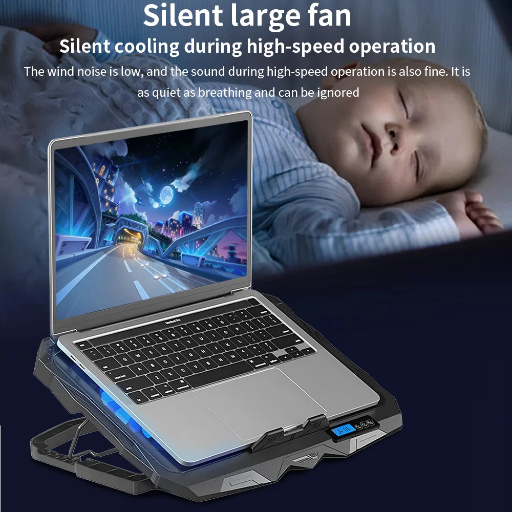TISHRIC Laptop Cooler Four Fan Gaming Notebook Cooling Pad Led Screen Two USB Port 1100RPM Notebook Cooler For 12-17 Inch Laptop