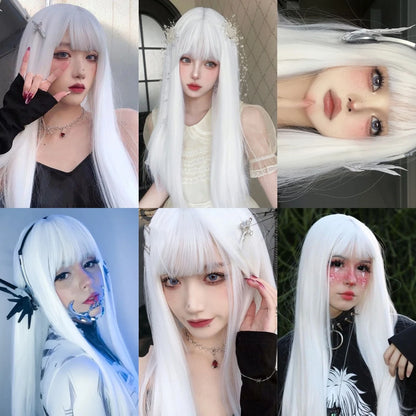 White Long Straight Synthetic Wigs for Women, Colorful Cosplay Party Fake Hair with Bangs, White Wig, HighTemperature Fiber, HENRY MARGU