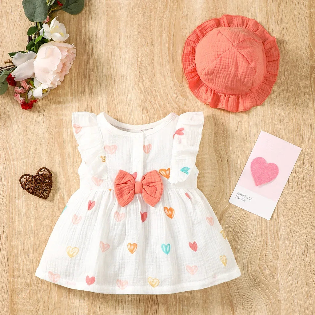 2Pcs, Dress Clothes Set, Newborn Baby Girl Love Print Sleeveless Dress With Hat Summer Fashion Cute Wear for Infant Girl 0-9Months