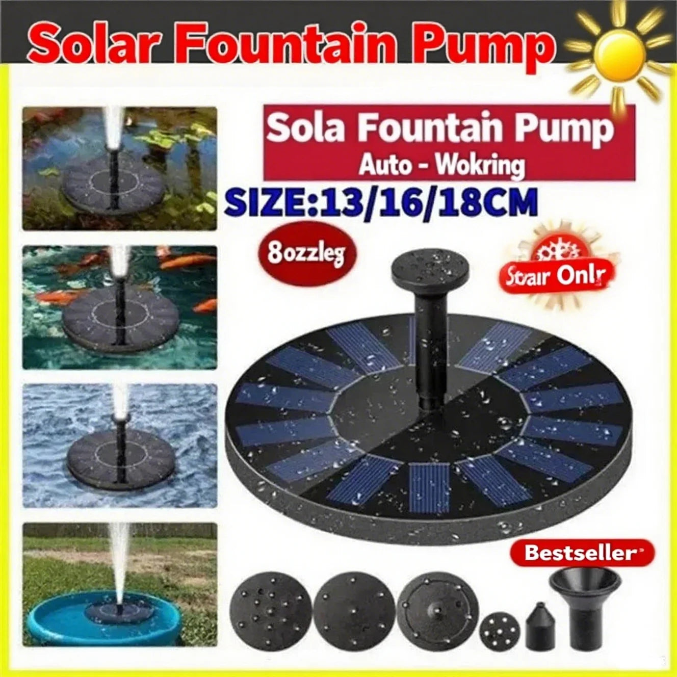 13cm, 16cm, 18cm Solar Fountain Pumps - Ideal for Outdoor Garden Pools, Bird Baths, Small Ponds. 8-Nozzle Floating Model