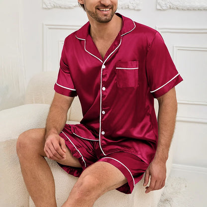 Men Satin Short Sleeve Pajama Set, Summer Sleepwear for Man, Button-Down Shirt & Elastic Waist Shorts, Pajamas Home Clothes, 2Piece