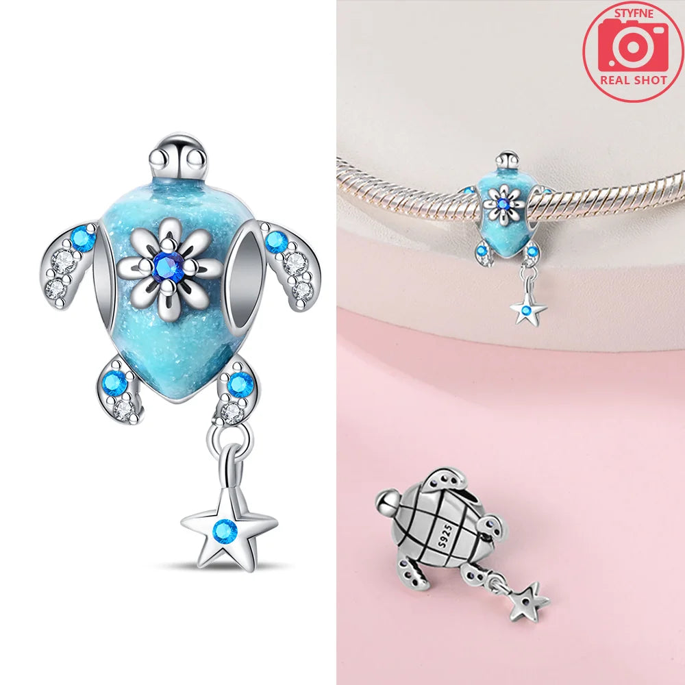 Charms 925 Silver Blue Original Stars Heart Zircon Chameleon Panda Glass Beads Fit Bracelet Jewelry Women Diy Accessories