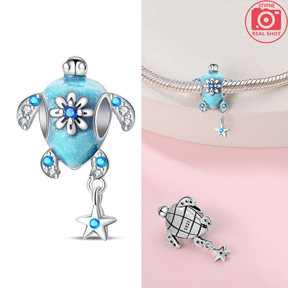 Charms 925 Silver Blue Original Stars Heart Zircon Chameleon Panda Glass Beads Fit Bracelet Jewelry Women Diy Accessories