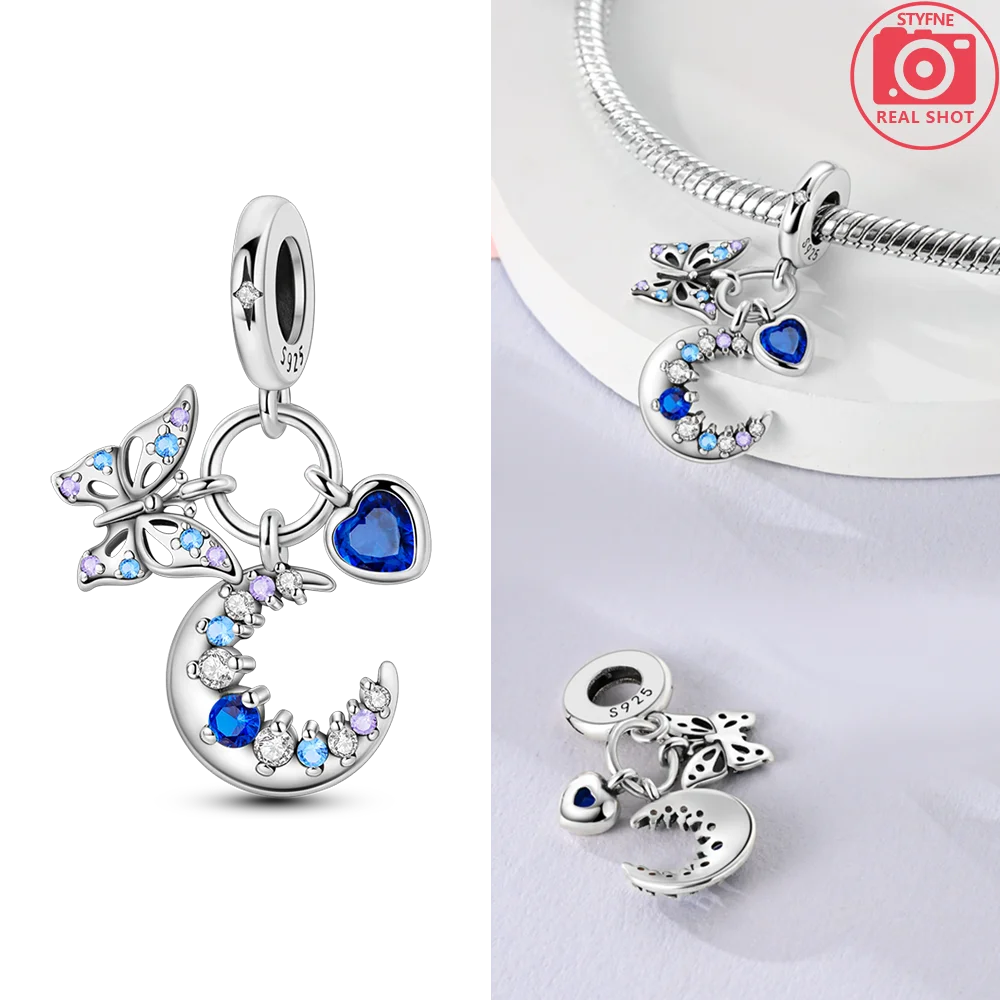Charms 925 Silver Blue Original Stars Heart Zircon Chameleon Panda Glass Beads Fit Bracelet Jewelry Women Diy Accessories