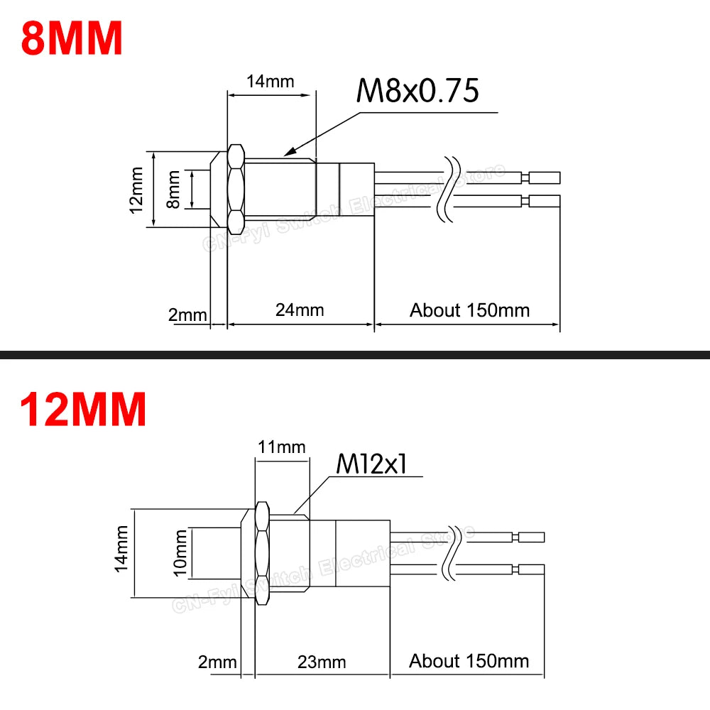 8/12/14MM Waterproof Symbol LED Indicator Light 12V 24V Silver Metal Indicator Turn Signal Pilot Light with Wire Car Dashboard