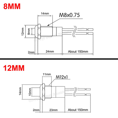 8/12/14MM Waterproof Symbol LED Indicator Light 12V 24V Silver Metal Indicator Turn Signal Pilot Light with Wire Car Dashboard
