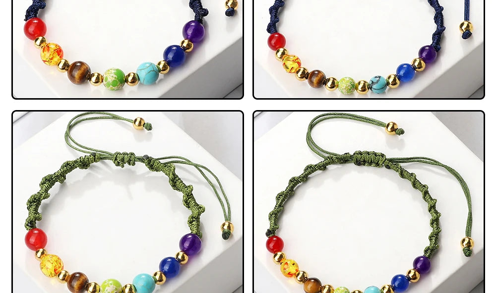 Reiki 7 Chakra Bracelet, Natural Stone Rope, Braided Yoga Healing Gold Color Copper Beads Bracelets & Bangles Meditation Jewelry