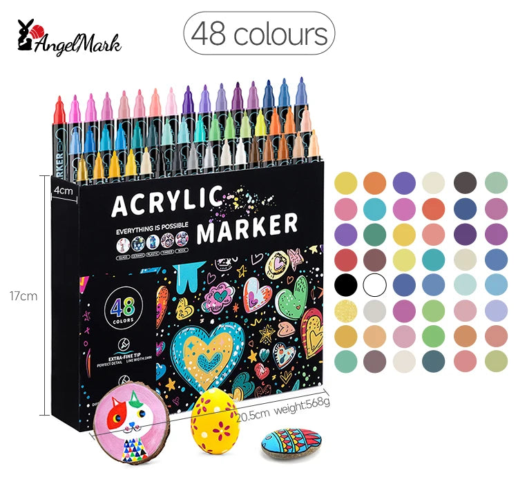 Acrylic Marker Pen, Double Headed Waterproof Art Painting Supplies, School Stationary, Graffiti Drawing 12-72 Colors, ANGEL MARK