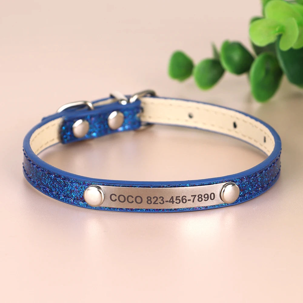 Personalized Cat Collar Bling PU Leather Cat Collars Free Custom Pet Puppy Kitten ID Necklace Adjustable for Cats Small Dogs
