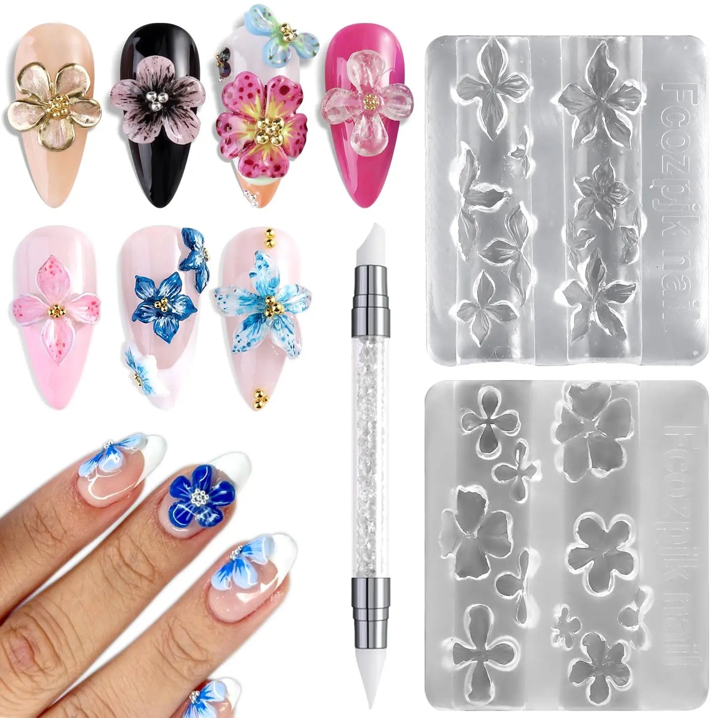 3D Silicone Flower Nail Carving Mold Acrylic Lily Hibiscus Floral Stamping Plate Nails Stencils Five-Petal Blossom Nail Template