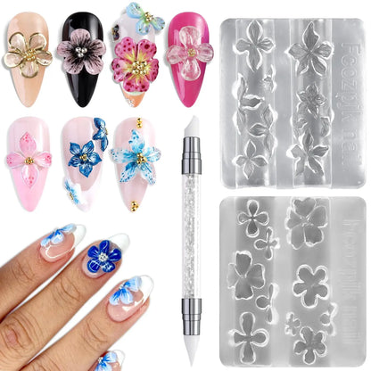 3D Silicone Flower Nail Carving Mold Acrylic Lily Hibiscus Floral Stamping Plate Nails Stencils Five-Petal Blossom Nail Template