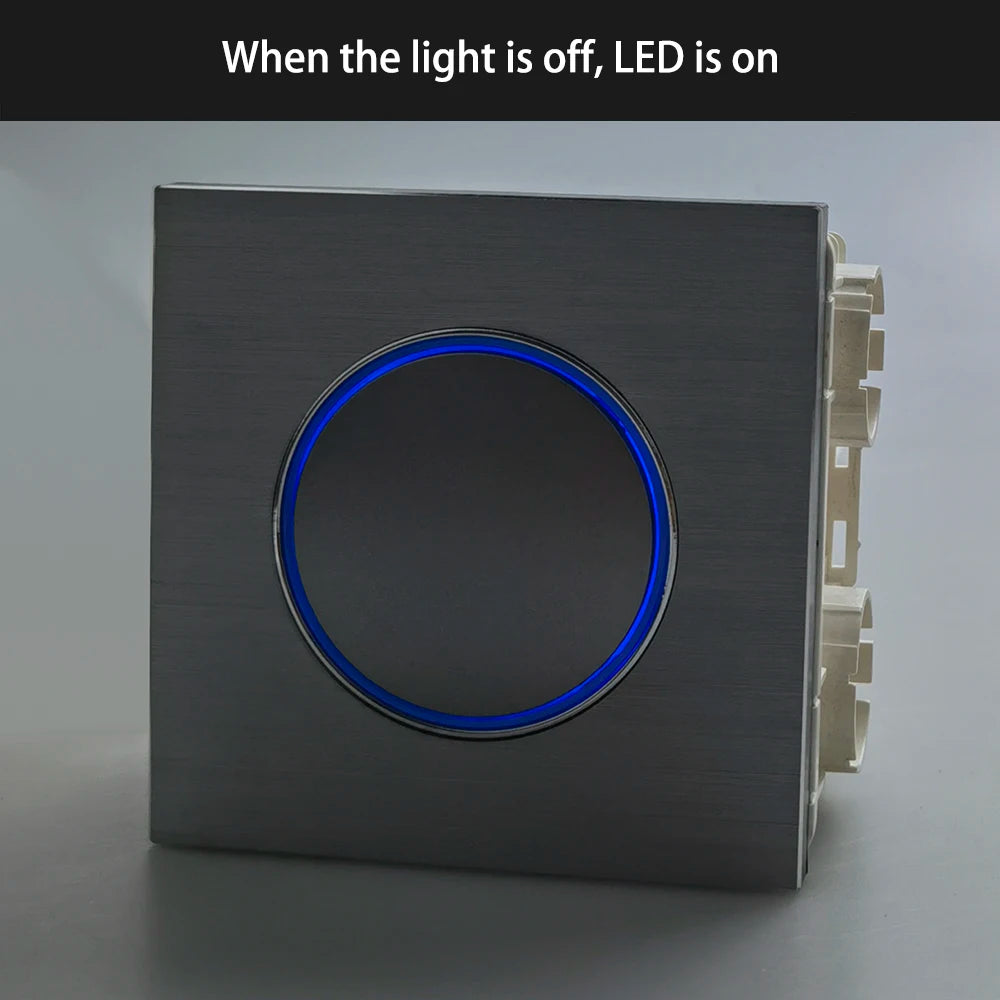 Wallpad Wall Switch 1 Way 2 Way, Circle Round Button, Blue LED Indicator, Brushed Aluminum Finishing, Black Gold SIlver Brown