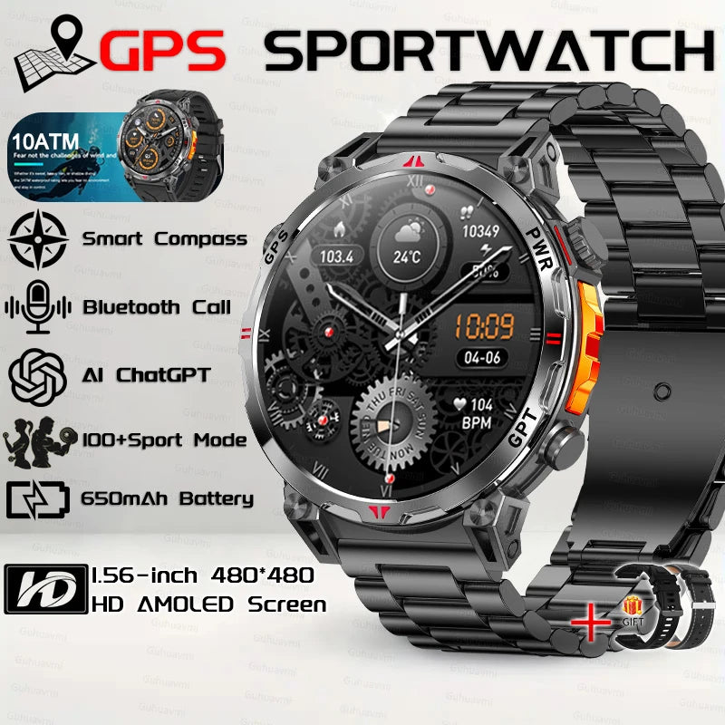 2026 New Outdoor GPS Sports Smartwatches Men Compass 10ATM Waterproof 24/7 Health Monitoring ChatGPT Bluetooth Call Smart Watch