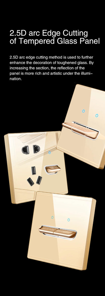 Gold Tempered Glass Wall Switch Panel LED European 16A Socket Retro Toggle Light Switch EU UK Standard 2USB Socket 1Gang-4Gang