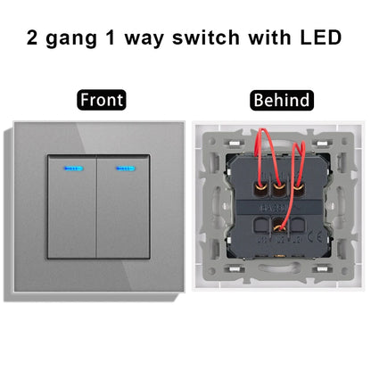 novski Crystal Tempered Glass Panel 1 Gang 1way, 1 Gang 2way, 2 Gang 1way, 2 Gang 2way, Wall Switch with LED Indicator 16A 250V