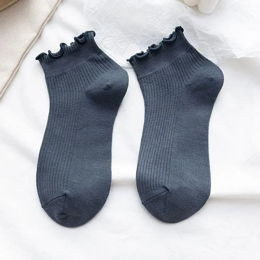 Cotton Women's Socks Frilly Ruffle Socks Spring Summer Casual Ankle Short Boat Socks Loose Knit Solid Color Mid-Calf Socks