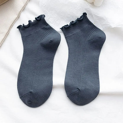 Cotton Women's Socks Frilly Ruffle Socks Spring Summer Casual Ankle Short Boat Socks Loose Knit Solid Color Mid-Calf Socks